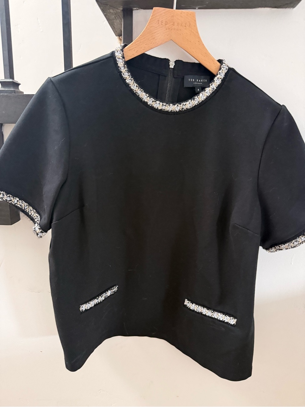Ted Baker Black Short Sleeve Top with Bouclé Trim